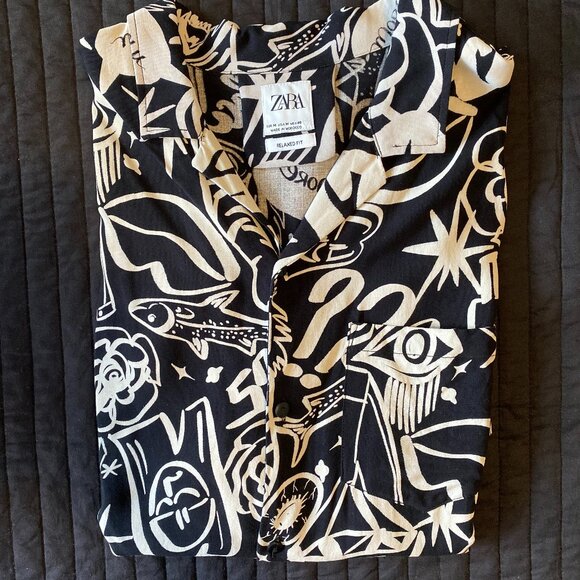 ZARA Print Shirt. Size M. Relaxed Fit. Black & White - Picture 1 of 4
